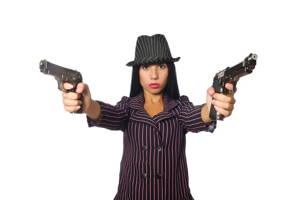 Gangster mulher com arma isolada no branco — Fotografia de Stock