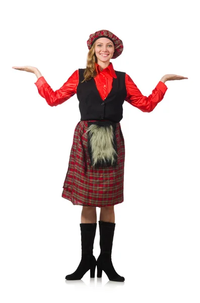 Funny woman in scottish clothing on white — Stock Photo, Image