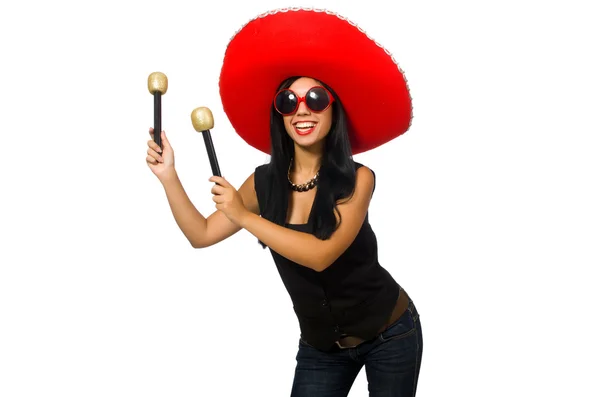 Young attractive woman wearing sombrero on white — Stock Photo, Image