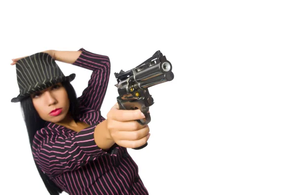 Gangster mulher com arma isolada no branco — Fotografia de Stock