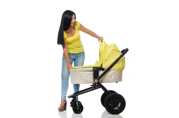 Vrouw met baby en kinderwagen geïsoleerd op wit — Stockfoto