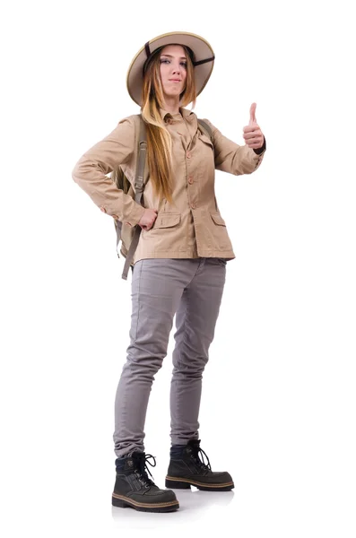 Mujer con sombrero de safari en blanco —  Fotos de Stock