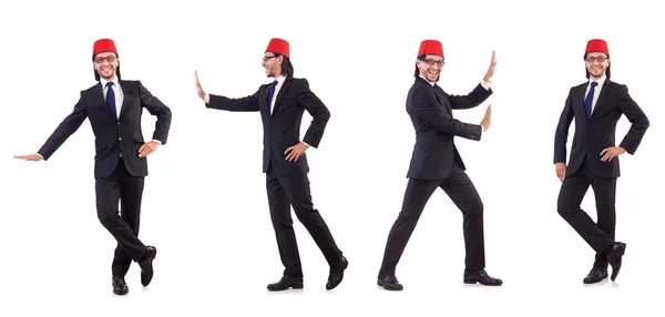 Man bär fez hatt isolerad på vitt — Stockfoto