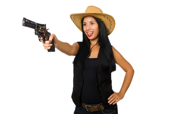 Junge Frau mit Waffe isoliert auf weiß — Stockfoto