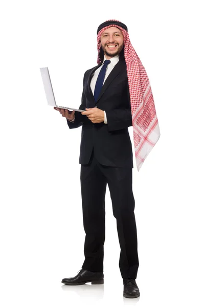 Arabischer Geschäftsmann mit Computer auf Weiß — Stockfoto