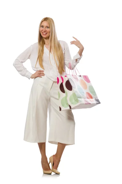 Kobieta z torbami na białym — Zdjęcie stockowe