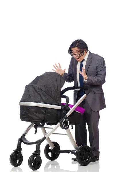 Grappige vader met baby en kinderwagen op wit — Stockfoto