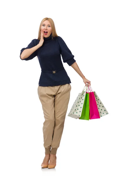 Hoog vrouw met plastic zakken geïsoleerd op wit — Stockfoto