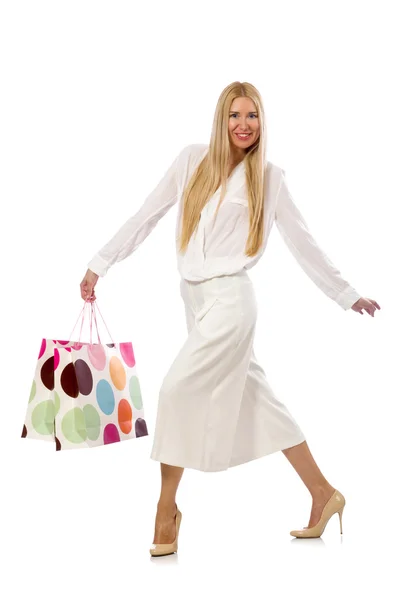 Kobieta z torbami na białym — Zdjęcie stockowe