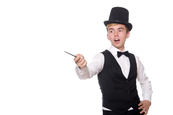 Magician with magic stick isolated on white — Stock Photo, Image