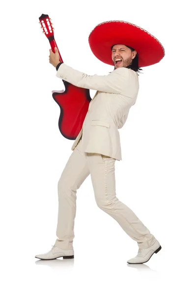 Funny mexicano en traje sosteniendo la guitarra aislado en blanco — Foto de Stock