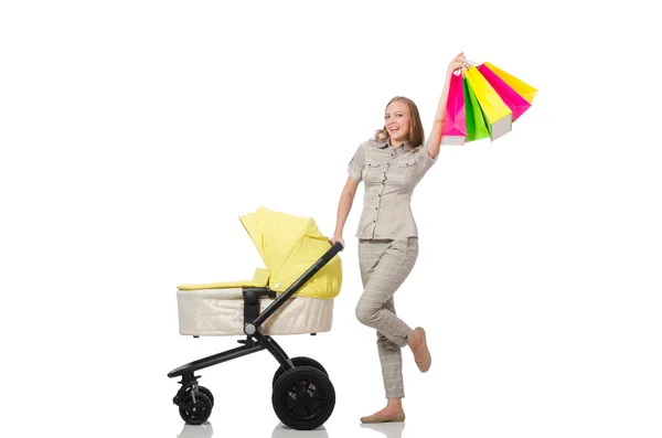 Frau mit Kinderwagen isoliert auf weißem Grund — Stockfoto