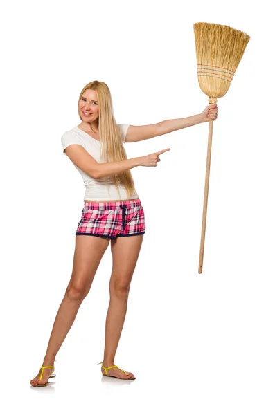 Young woman with broom isolated on white — Stock Photo, Image