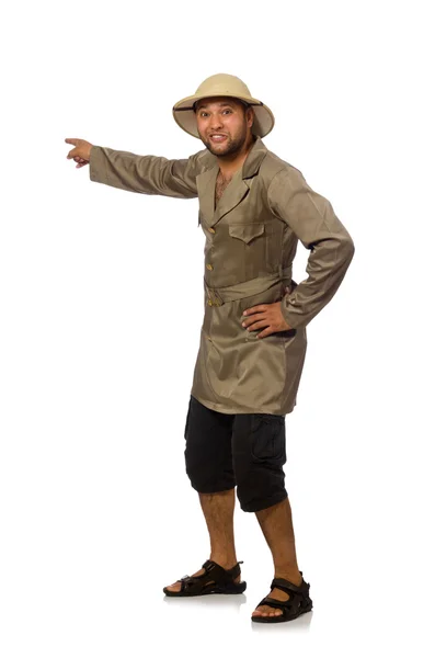 Man met safari hoed geïsoleerd op wit — Stockfoto