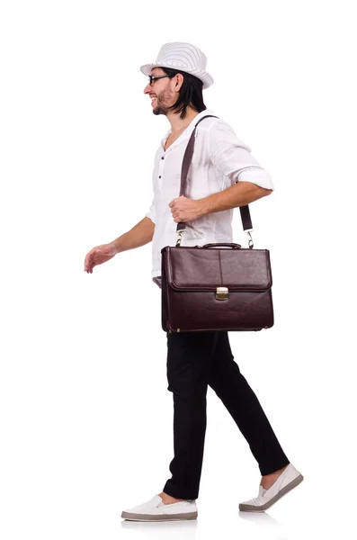 Young man with handbag and hat isolated on white — Stock Photo, Image