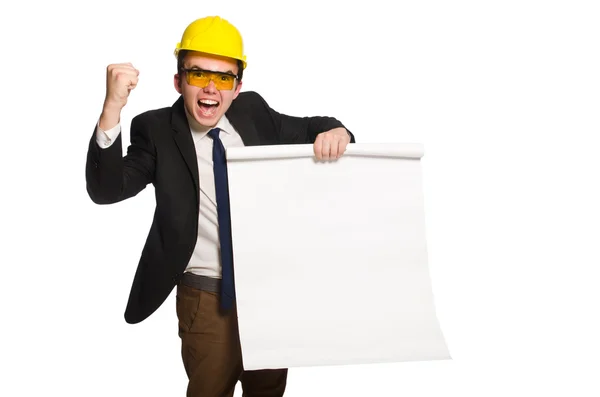 Funny architect with drawings on white — Stock Photo, Image