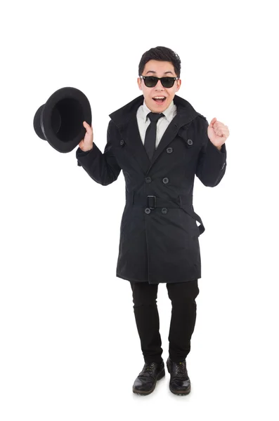 Joven detective con abrigo negro aislado en blanco — Foto de Stock