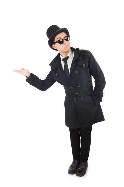 Giovane detective in cappotto nero isolato su bianco — Foto Stock