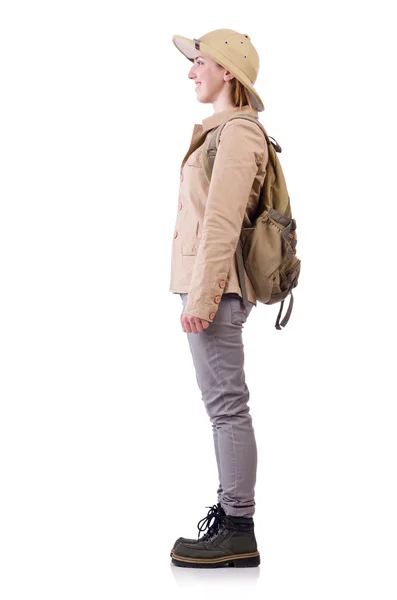 Mujer con sombrero de safari en blanco —  Fotos de Stock