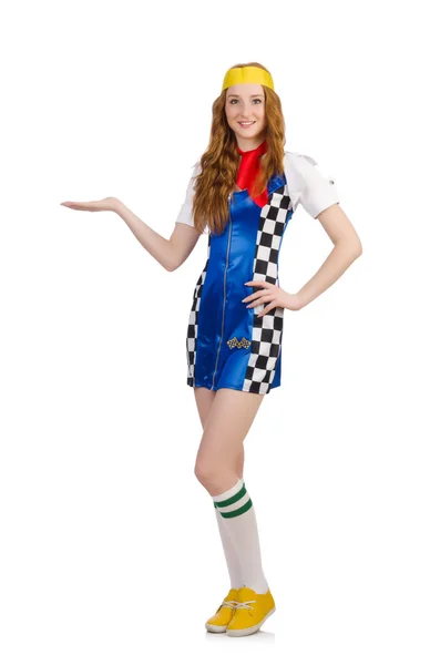 Femme portant des vêtements de motosport sur blanc — Photo