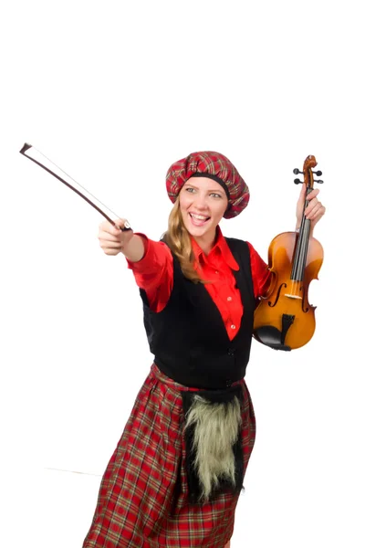 Funny woman in scottish clothing with violin — Stock Photo, Image