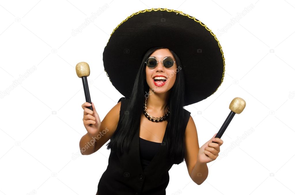 Young attractive woman wearing sombrero on white