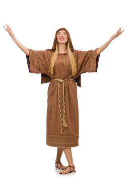 Beyaz üzerine ortaçağ Arap kıyafeti giymiş bir kadın.