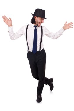 Şapka ve beyaz izole jartiyer giymiş adam