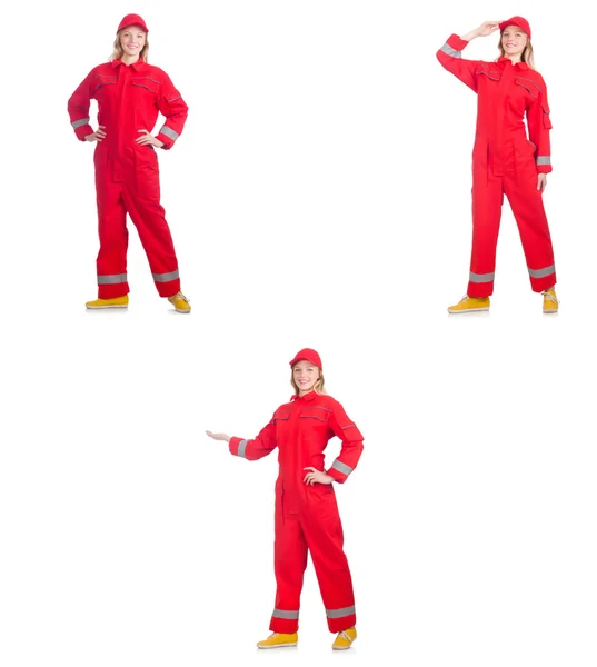 Woman in red overalls isolated on white — Stock Photo, Image