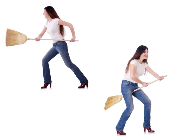 Woman with broom isolated on white — Stock Photo, Image