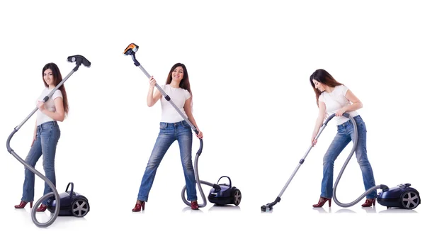 Collage van vrouw schoonmaken met stofzuiger — Stockfoto