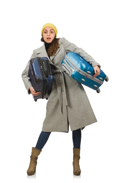 Kvinna med resväska redo för vintersemester — Stockfoto