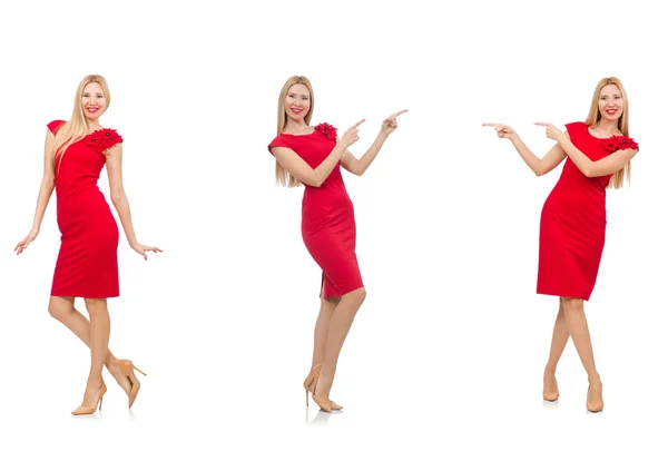 白い服で隔離された赤いドレスの女性 — ストック写真