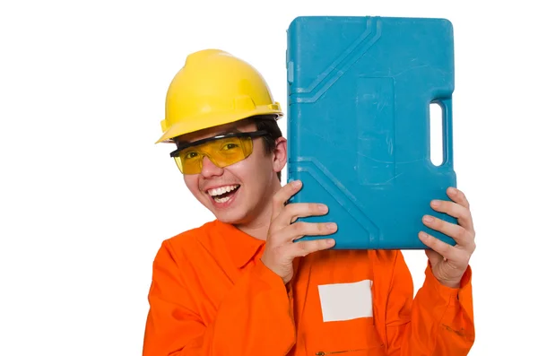 Hombre en mono naranja aislado en blanco — Foto de Stock