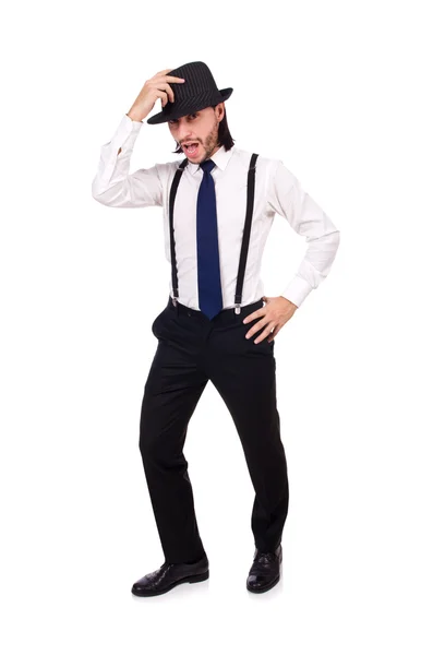 Hombre con sombrero y tirantes aislados en blanco — Foto de Stock