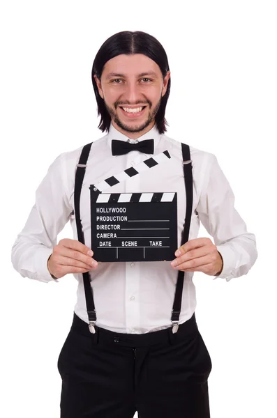 Jonge gentleman met Filmklapper geïsoleerd op wit — Stockfoto