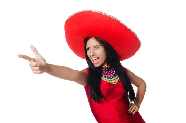 Kvinna i röd klänning med sombrero — Stockfoto