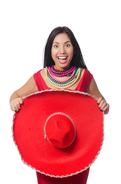 Vrouw in rode jurk met sombrero — Stockfoto