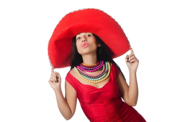 ソンブレロで赤いドレスを着た女性 — ストック写真