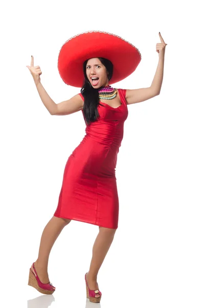 Donna in abito rosso con sombrero — Foto Stock