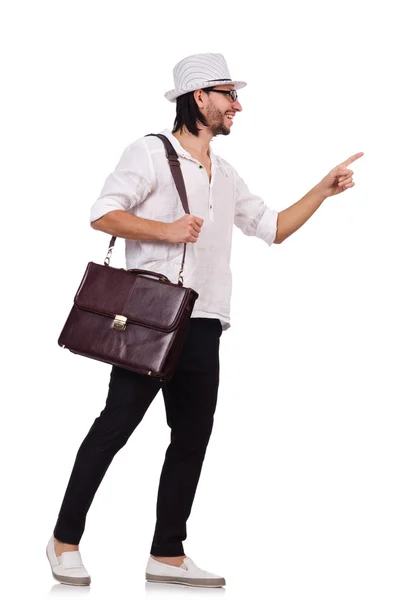 Jovem com bolsa e chapéu isolado em branco — Fotografia de Stock