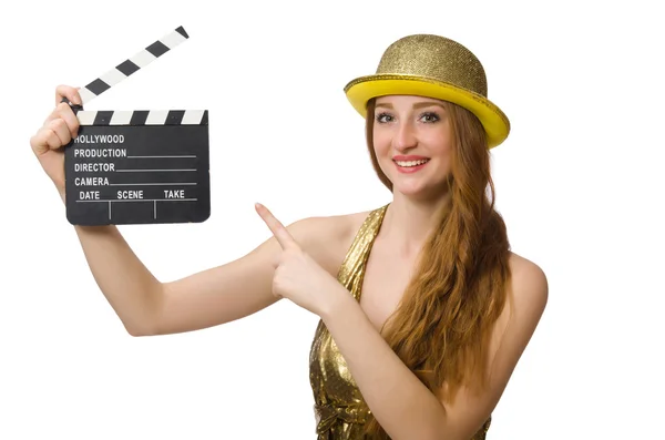 Kvinna med film clapboard isolerad på vit — Stockfoto