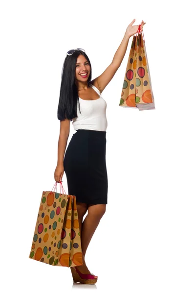 Mujer con bolsas de compras en blanco —  Fotos de Stock