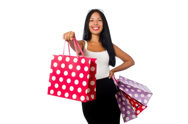 Frau mit Einkaufstaschen auf weißem Grund — Stockfoto
