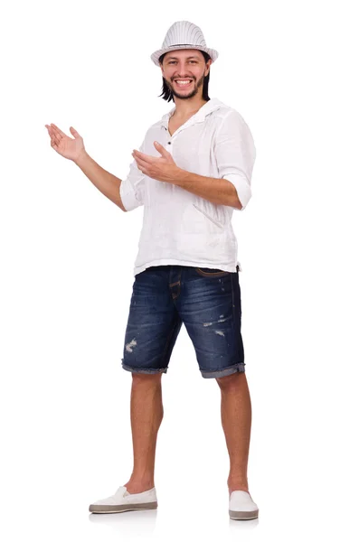 Junger Mann mit Hut auf weißem Hintergrund — Stockfoto