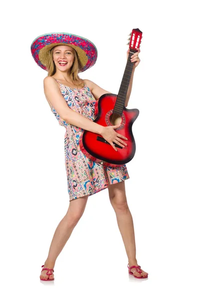 Frau im musikalischen Konzept mit Gitarre auf Weiß — Stockfoto