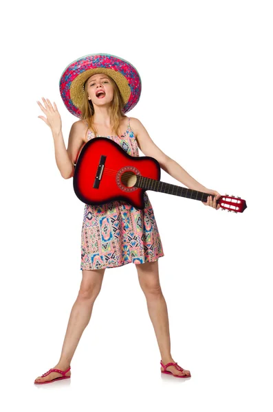 Woman in musical concept with guitar on white — Stock Photo, Image