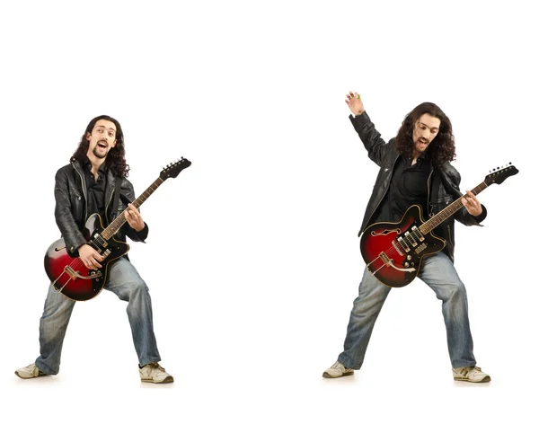 Funny guitar player isolated on white — Stock Photo, Image