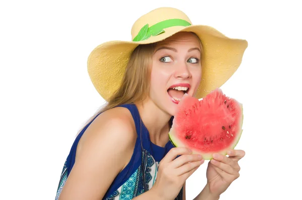 Frau mit Wassermelone isoliert auf weiß — Stockfoto