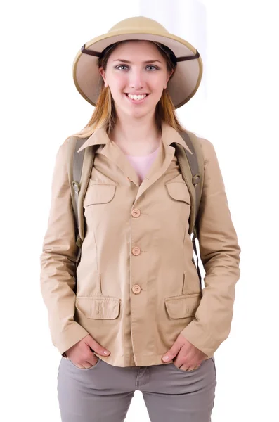 Femme portant un chapeau safari sur blanc — Photo